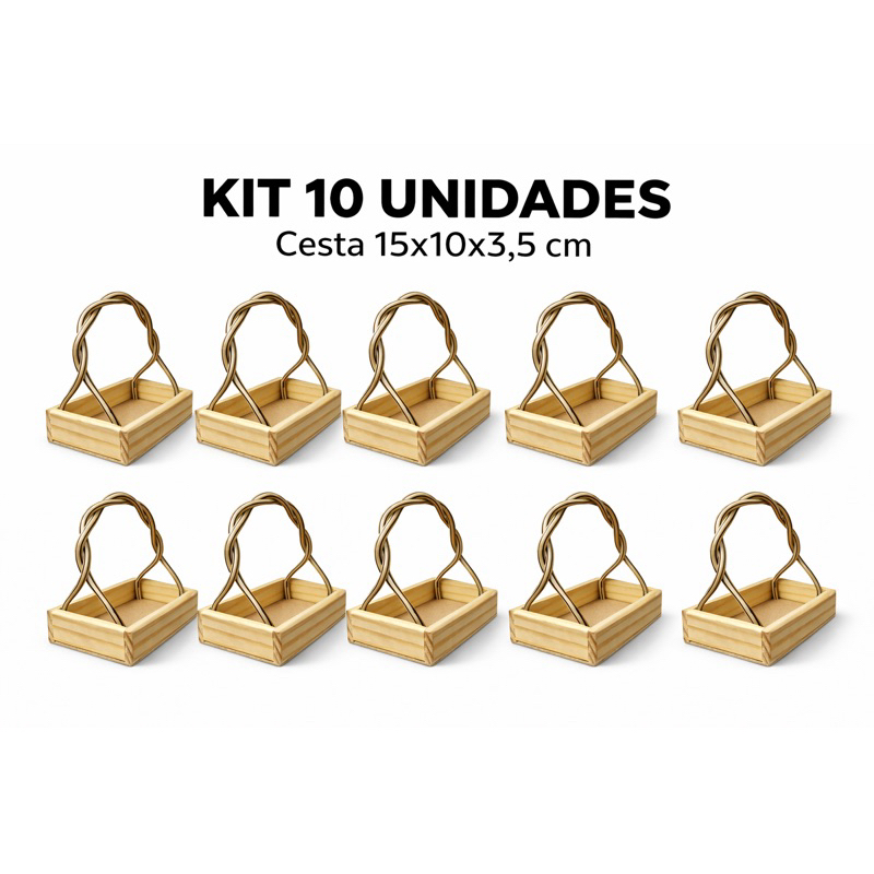Kit 5/10 Cestas Pequenas Madeira fundo MDF 15 cm Alça Dupla Presente Decoração