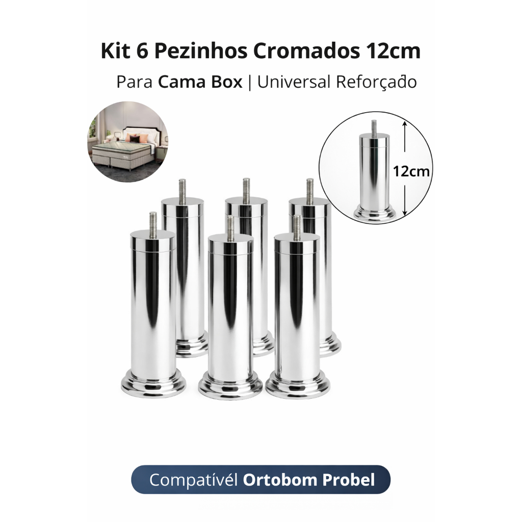 Pés cama box Cromados 12cm com parafuso – Reforçado Universal Ortobom Probel kit com 06 em Oferta na Shopee