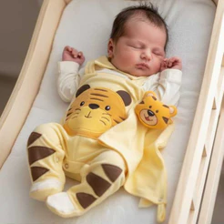 Macacão Bebê Menino Tigre Manga Longa com Naninha Sensação Bordado Amarelo Tam P