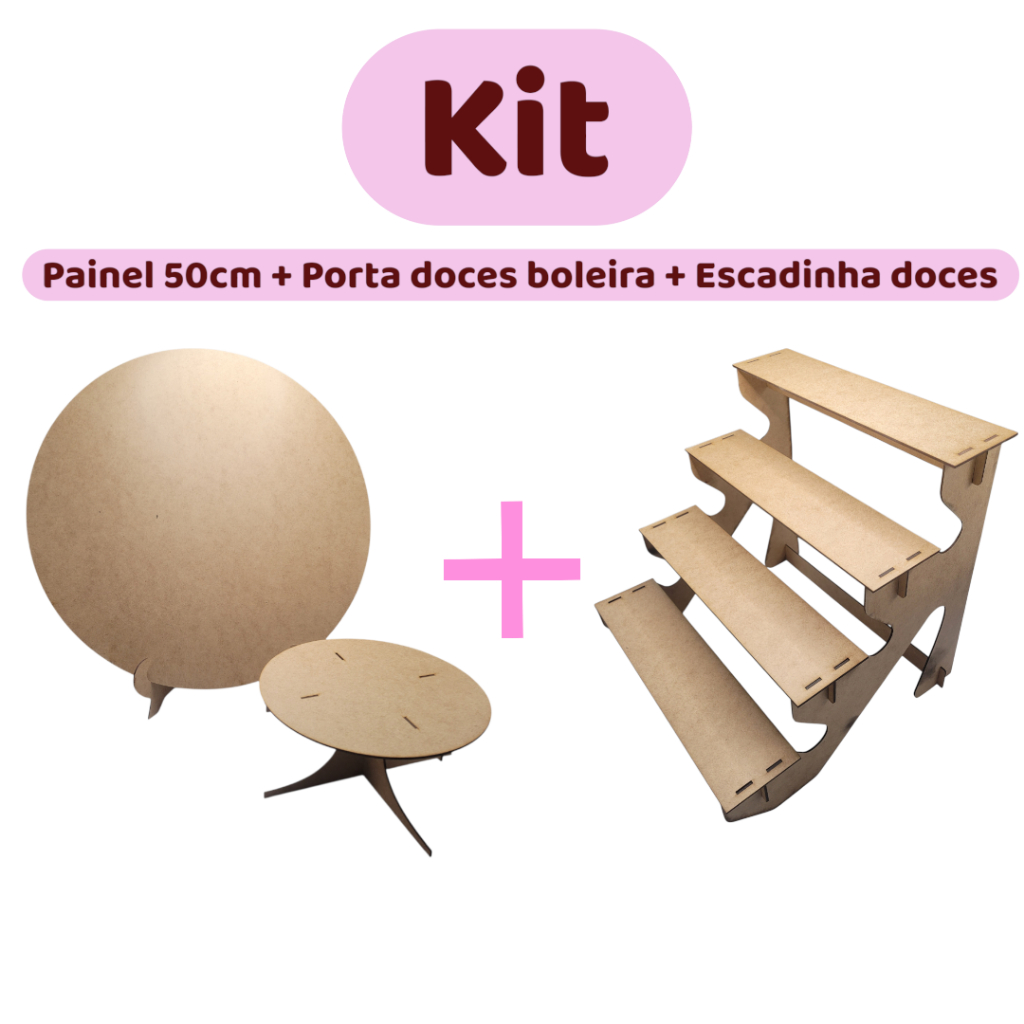 Kit decoração mesa mini festa - Painel 50cm + escadinha porta doces + boleira