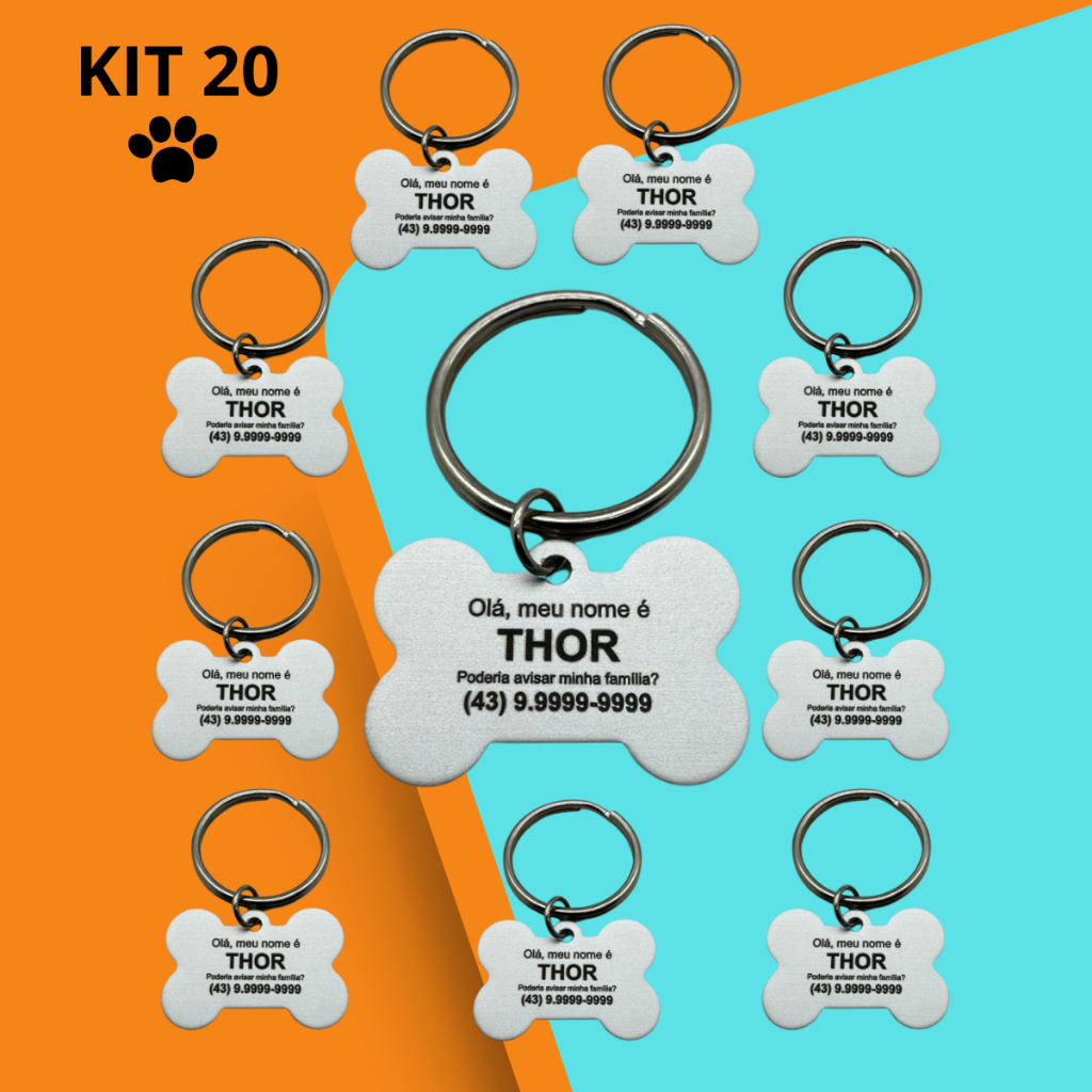Kit com 20 Plaquinhas Pet Personalizadas | Tag Identificação Cachorro Nome e Telefone Pet Shop Atacado Comercio