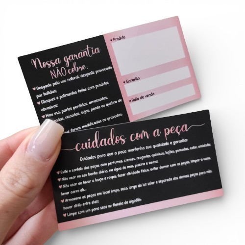 Certificado Cartões de Garantia+Cuidados com a Peça-50/100/200 UNIDADES