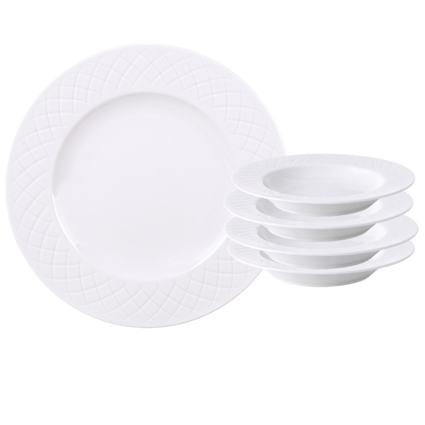 Jogo de Pratos Tramontina Porcelana Ingrid Branco com Relevo 12 e 18 Peças