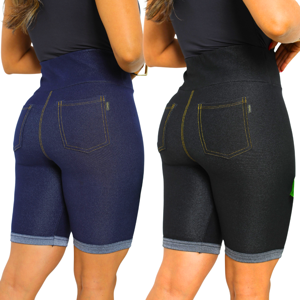 Bermuda Legging Feminina Efeito Jeans Cintura Alta com Barra Virada e Bolso Zero Transparência em Oferta na Shopee