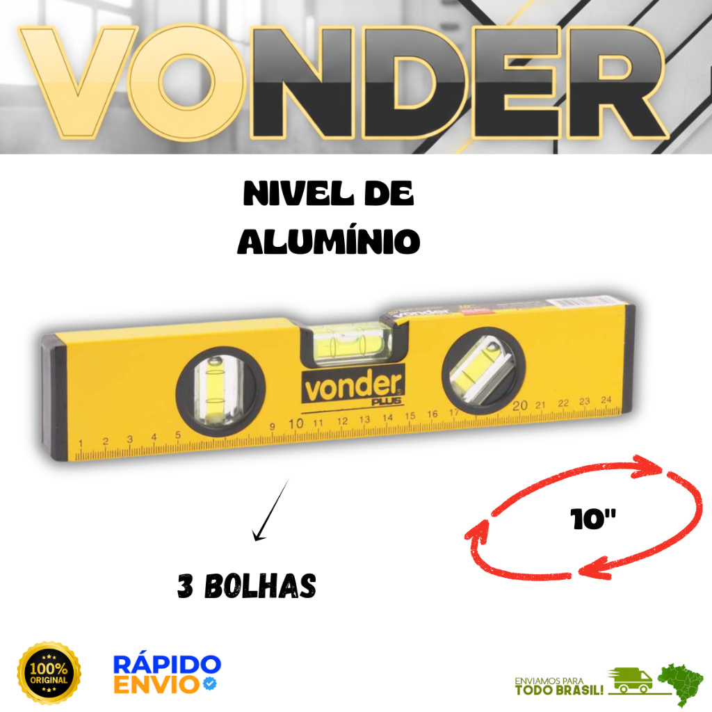 Nivel De Alumínio Com Base Magnetica 10'' Plus 3 Bolhas Vonder Oferta Premium Resistente