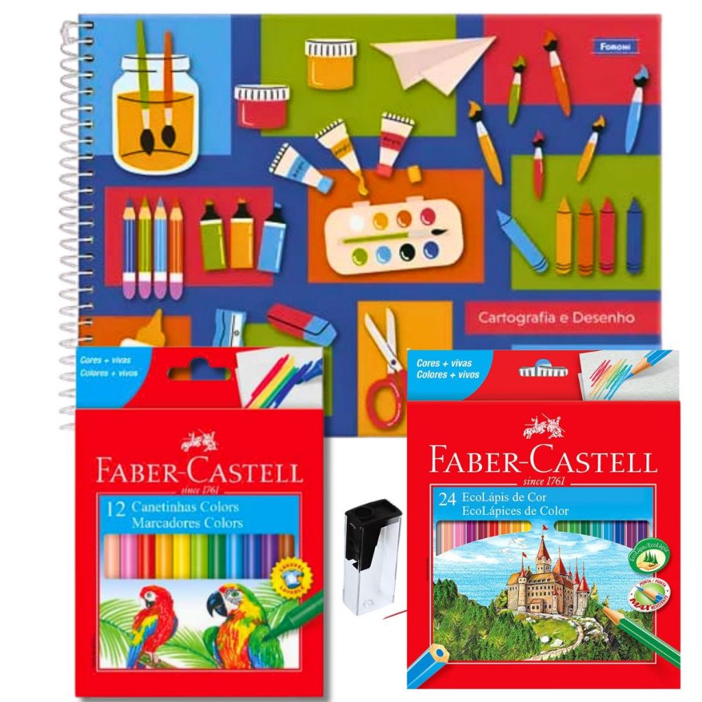 KIT CADERNO CARTOGRAFIA DESENHO CAPA DURA 96FL CANETINHA HIDROGRÁFICA LAPIS 24 CORES APONTADOR FABER