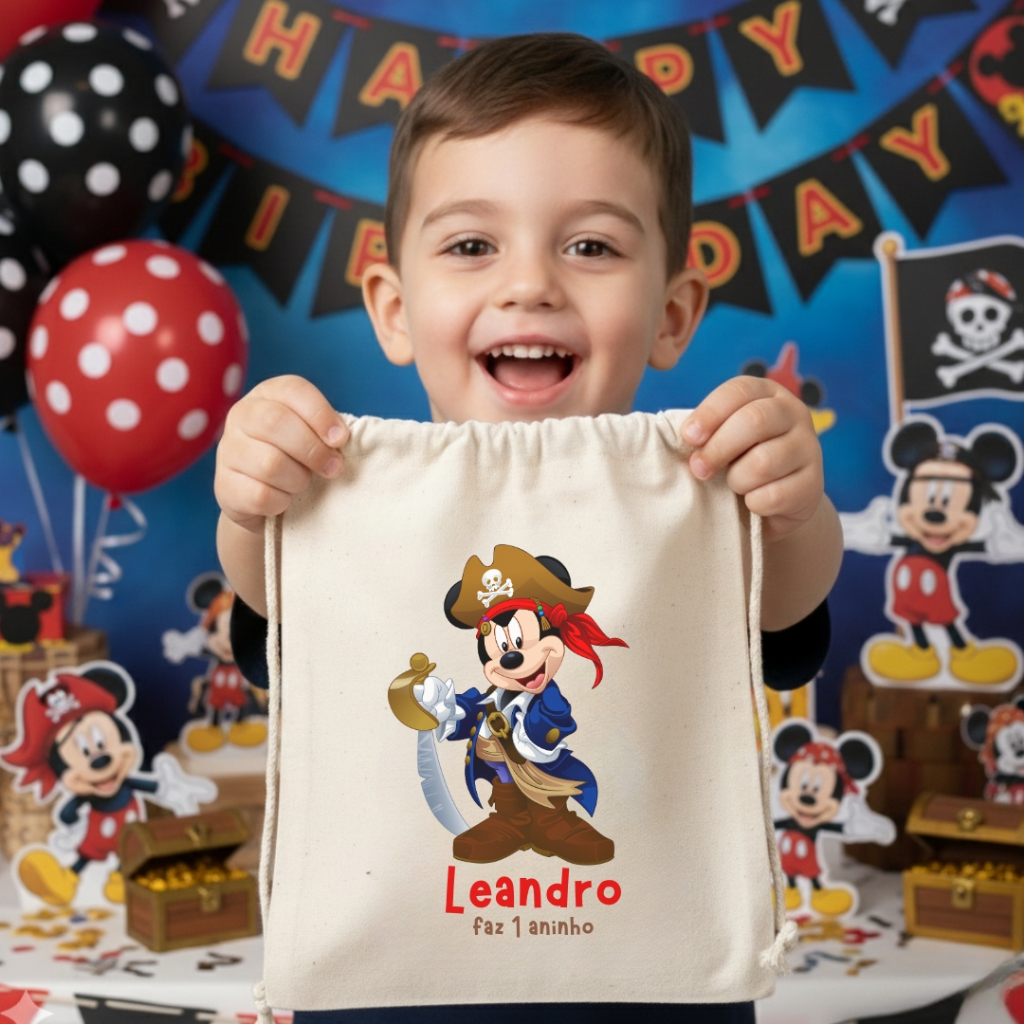 Kit Saquinhos de Algodão Cru Mickey Pirata Aniversário Infantil Festa Mickey Lembrancinha Personalizada