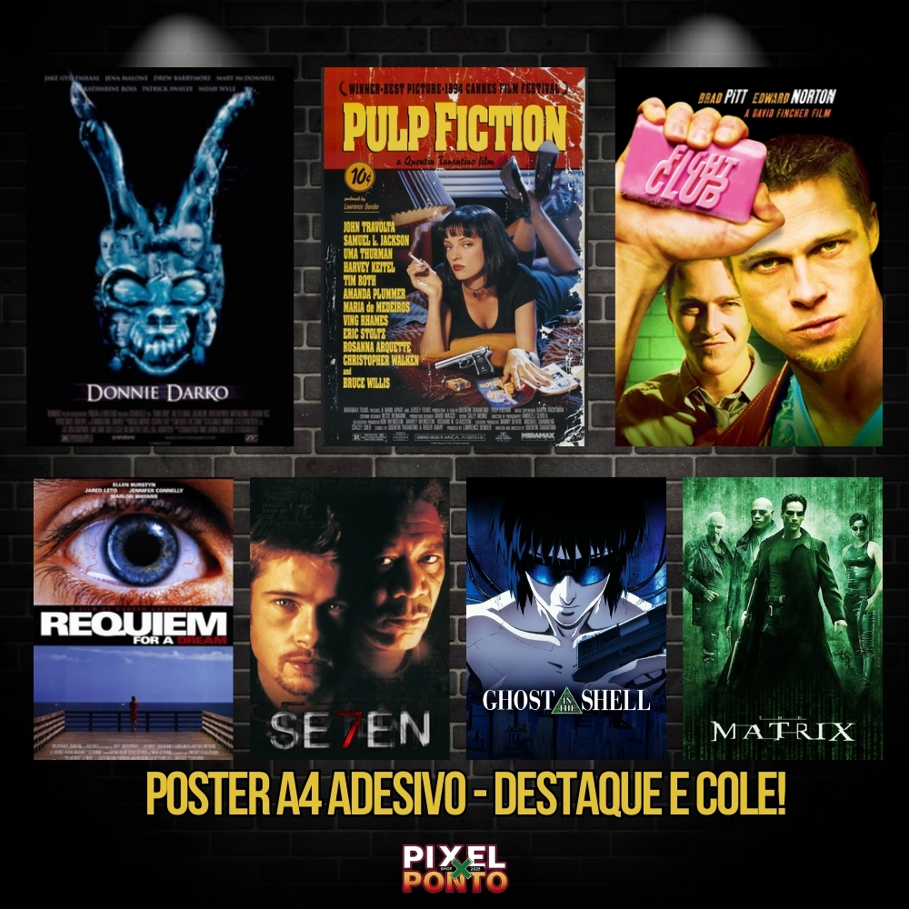 Poster Filmes Cult A4 Adesivo - Estética 90s Pulp Fiction, Donnie Darko, Clube da Luta - Foto Glossy Premium