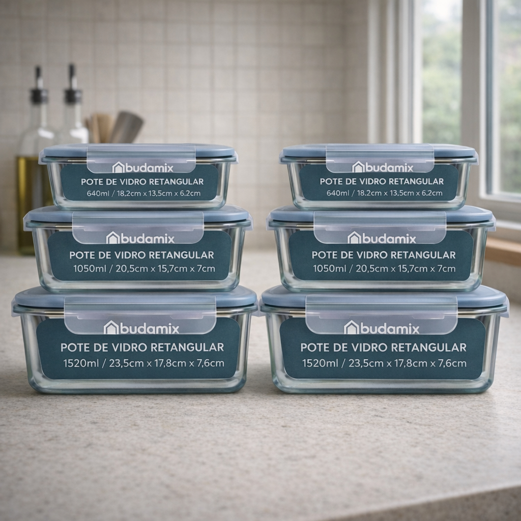 Kit Jogo 6 Potes Vidro Retangulares Hermético Tampa Travas Marmita Fit em Oferta na Shopee