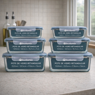 Kit Jogo 6 Potes Vidro Retangulares Hermético Tampa Travas Marmita Fit em Oferta na Shopee