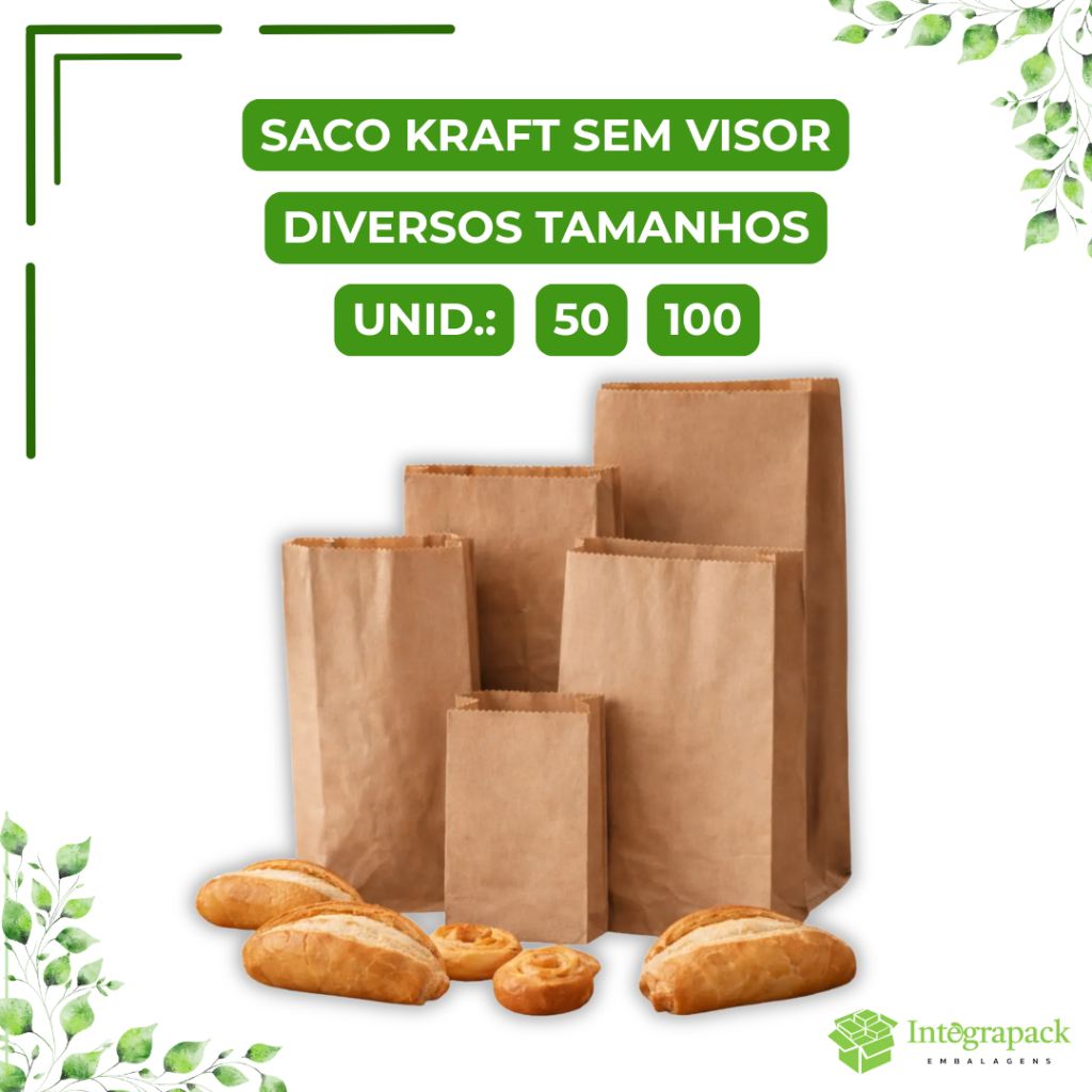 Saco Kraft sem Visor 50 ou 100 Unidades Embalagem Papel Kraft Alimentos Padaria Confeitaria Delivery em Oferta na Shopee