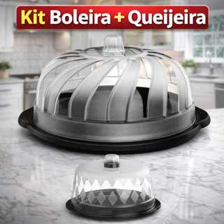 Kit Com 1 Boleira Com Tampa Bolo Gourmet + 1 Queijeira Porta Queijo Com Tampa Decorativa Proteção Alimentos Resistente