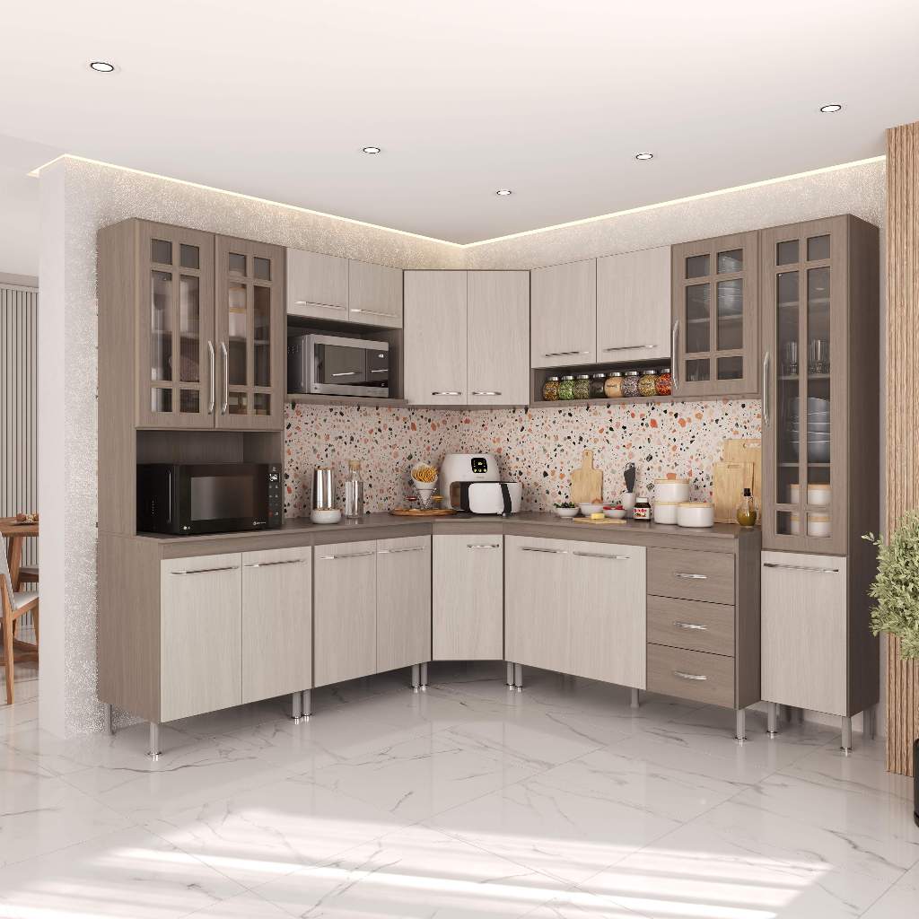 Armário de Cozinha Modulada Completa Fidelitá Paris 8 Peças 445cm 18 Portas 3 Gavetas Com Tampo Nogal/Salinas em Oferta na Shopee