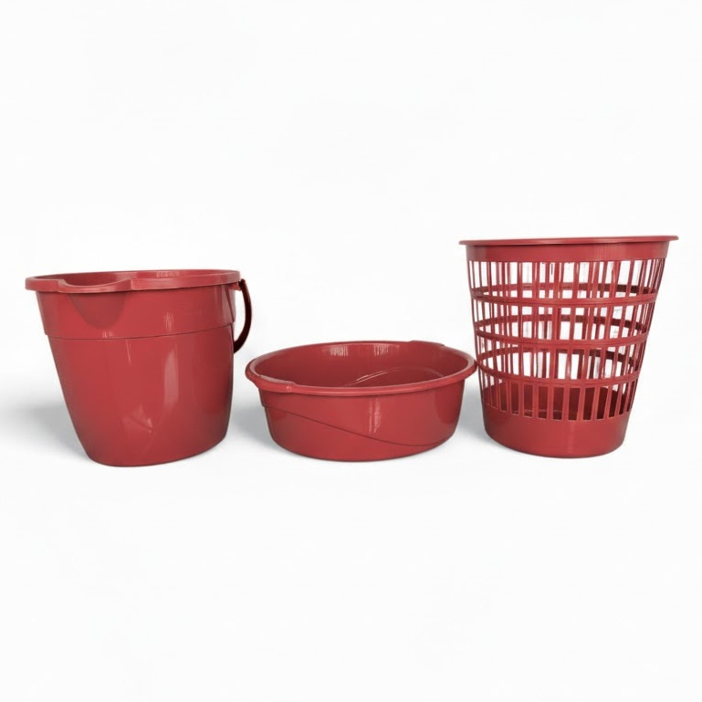 Conjunto Balde 7 Litros com Alça + Bacia 6,5L + Cesto Organizador 10L Lavanderia Cozinha