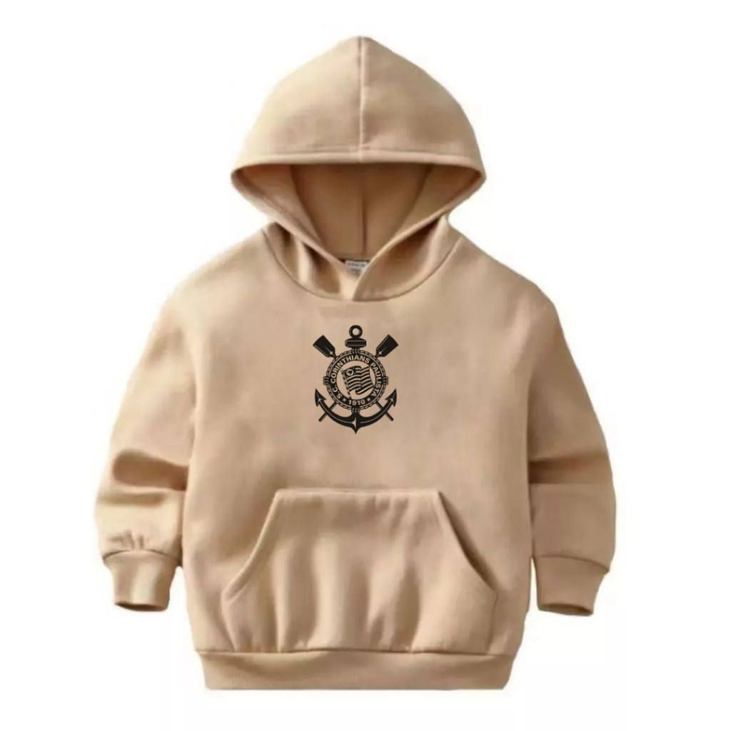 Moletom Infantil/Adulto Unissex Corinthians Time  Estampado Frente e costa  Com Capuz Blusa de Frio Algodão Preto e Bege