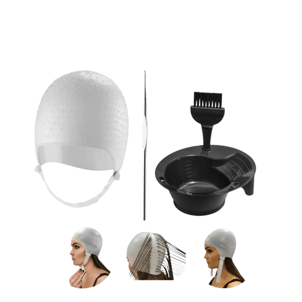 Kit Tintura Tigela Pincel e Touca Para Mechas Luzes Siliconada Profissional Com Agulha inox Dompel