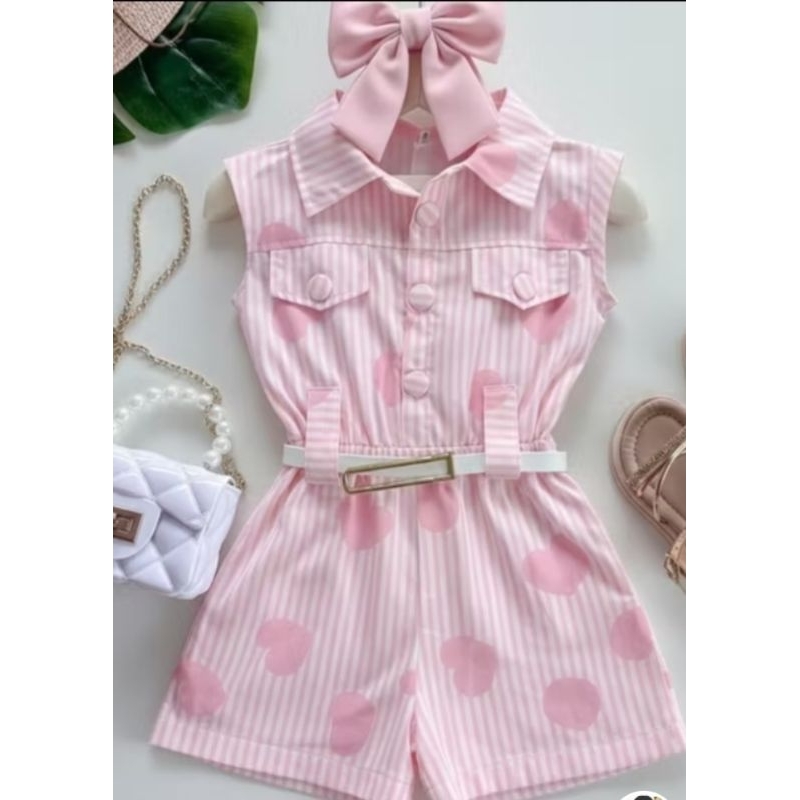 Macaquinho infantil Menina Social Listrado com  coração ❤️ com cinto/ gola em Oferta na Shopee