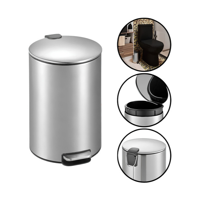 Lixeira Slim 5L e 12L Inox Escovado com Pedal  Cesto Removível Lavabo Banheiro Cozinha Powermaid