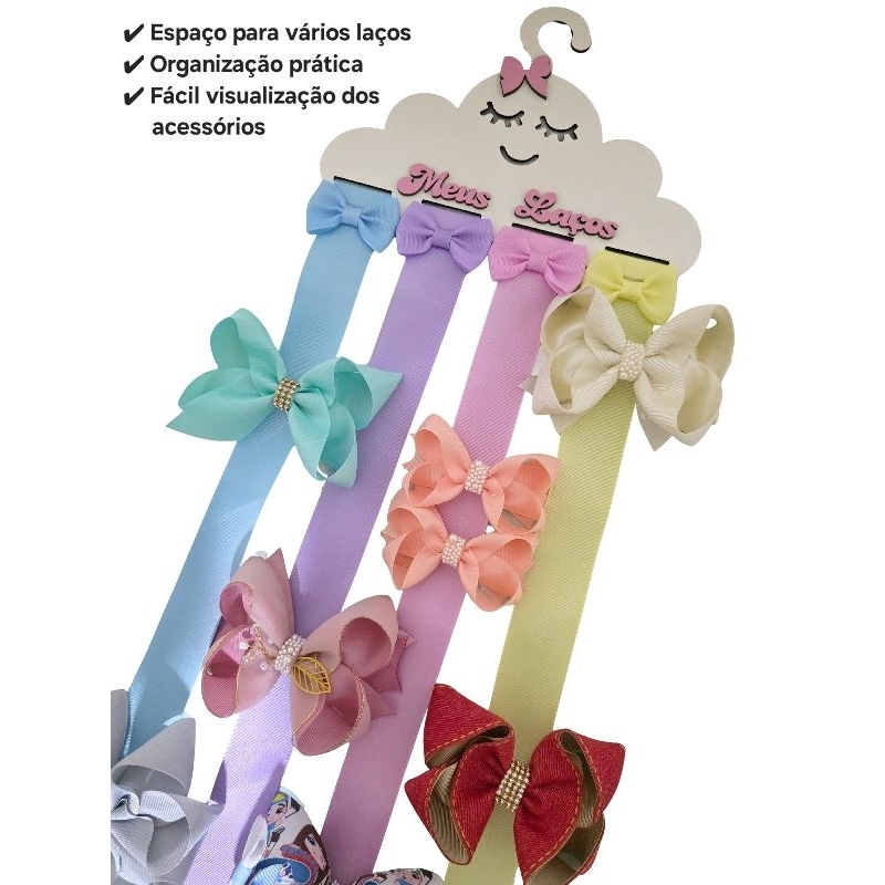 2 Porta Laços e Tiaras + 2 Laços Extras ESGOTANDO - Organizador de Laços Cabelo Menina MDF Decorativo Nuvem