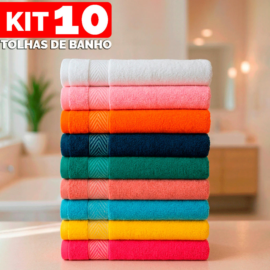 Kit 10 Toalhas de Banho Elleganza Banhão 65x120cm Macia Resistente 100% Algodão Alta Absorção
