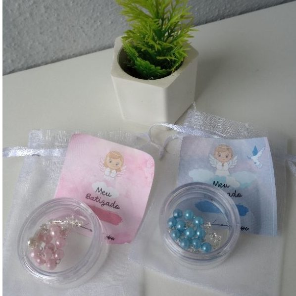 kit Meu batizado + caixa acrílico + Mini terço ( Azul e Rosa )