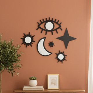 Conjunto Místico 6 Peças Espelhos Acrílico Decorativo Celestial com Moldura MDF Preto em Oferta na Shopee