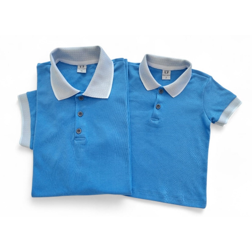 Kit tal pai tal filho camisa polo cor azul celeste gola poa
