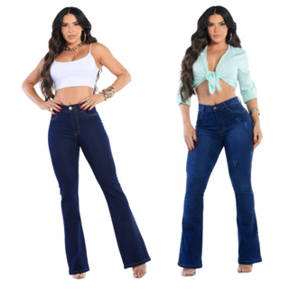 Kit 2 Calças Jeans Feminina Flare Levanta Bumbum Cos Alto Com Lycra Boca De Sino em Oferta na Shopee