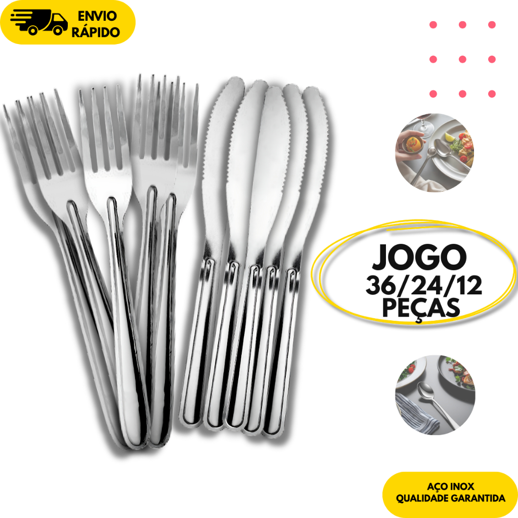 Kit Jogo de 36/24/12 Talheres Garfo e Faca Aço Inox Cozinha Jantar Restaurante Buffet Bar