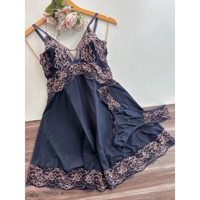 camisola de renda bicolor acompanha fio camisola e calcinha camisola sexy sensual linha noite (camisola sem bojo)