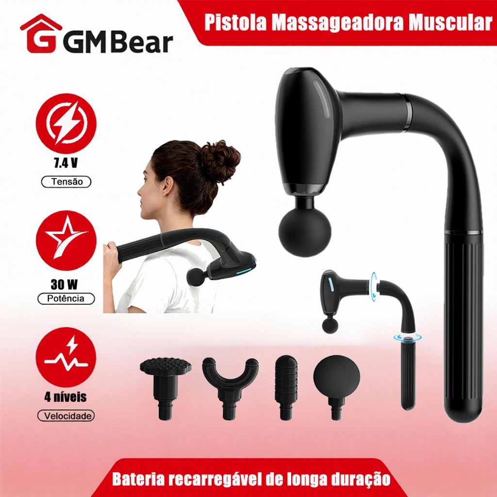 GM Bear Massageador Pistola Elétrica Profissional,Muscular Portátil Aparelho Fisioterapia Corporal,4 Velocidades