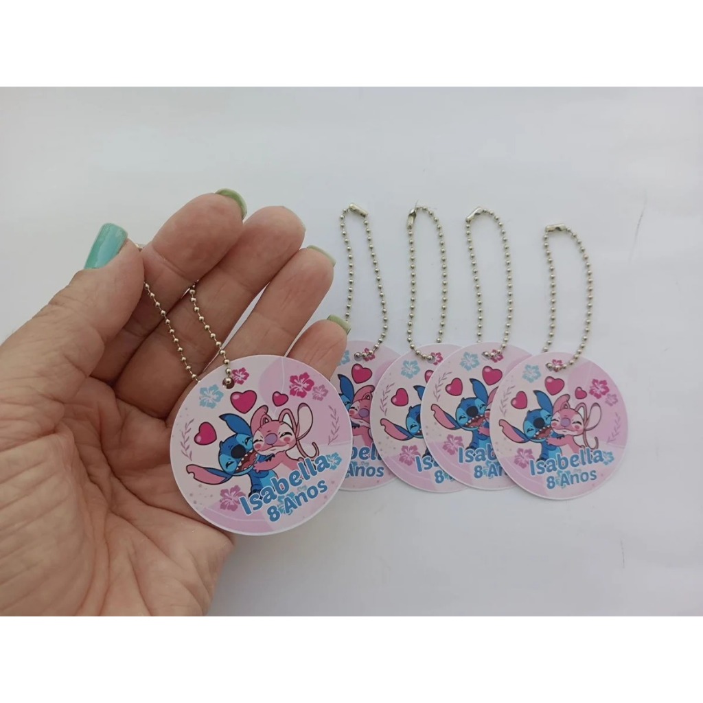 20/30/40/50 Tag Redonda 5cm Personalizada STITCH E ANGEL com correntinha - Tag para lembrancinha - Tag STITCH E ANGEL