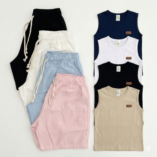 Kit 8 peças conjunto infantil menino regata + short linho 100% algodão fresco e confortavel casual dia a dia 1 a 12