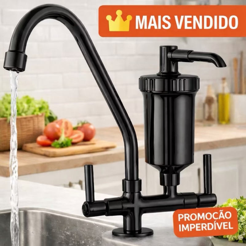Torneira Preta ABS com Filtro de Bancada para Cozinha – Bica Móvel 360° Moderna