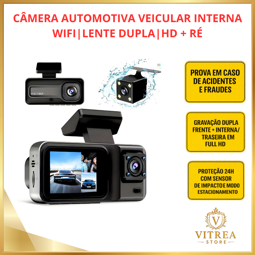Câmera Veicular DVR Kapbom KA-2491 WiFi Full HD 1080p Lente Dupla 170° com Câmera de Ré e Sensor G