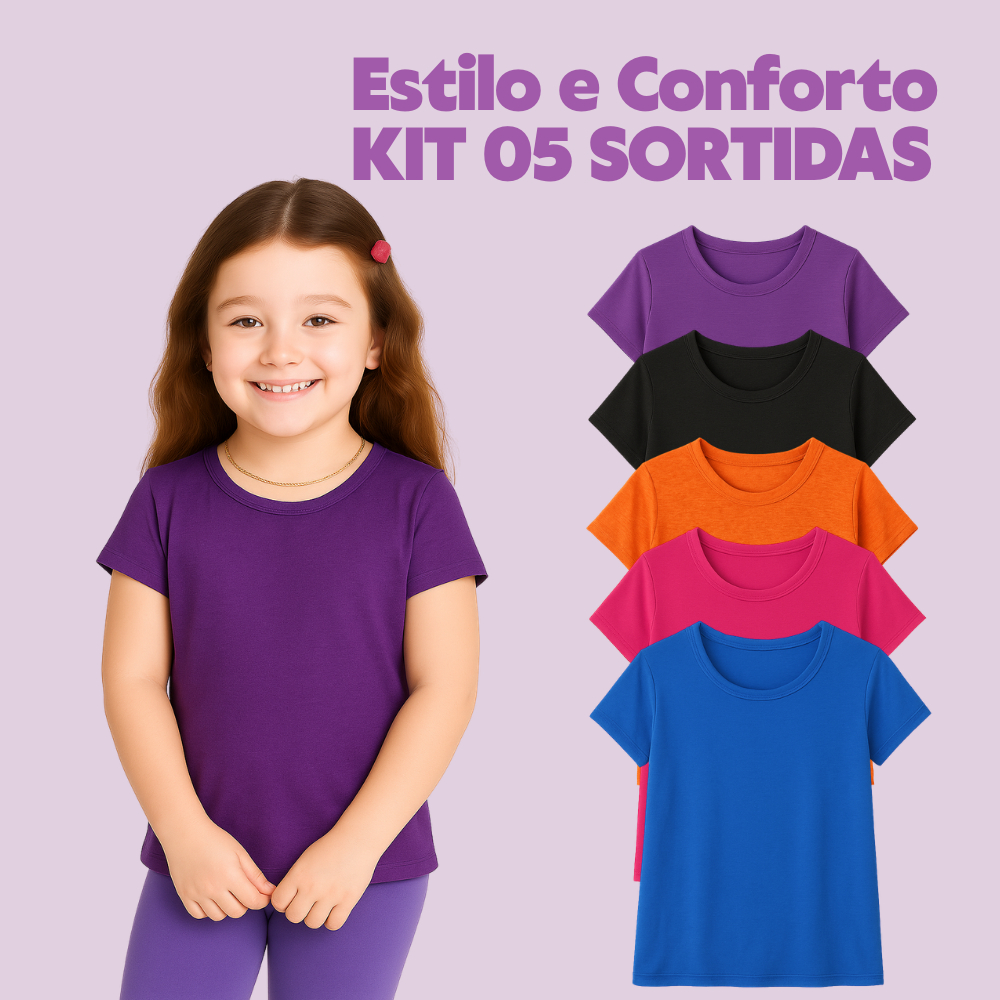 Kit 05 blusinha Infantil Camiseta Baby look Menina Basica Lisa Confortavel Fresquinha Criança Kit 05 blusinha Infantil Camiseta Baby look Menina Basica Lisa Confortavel Fresquinha Criança