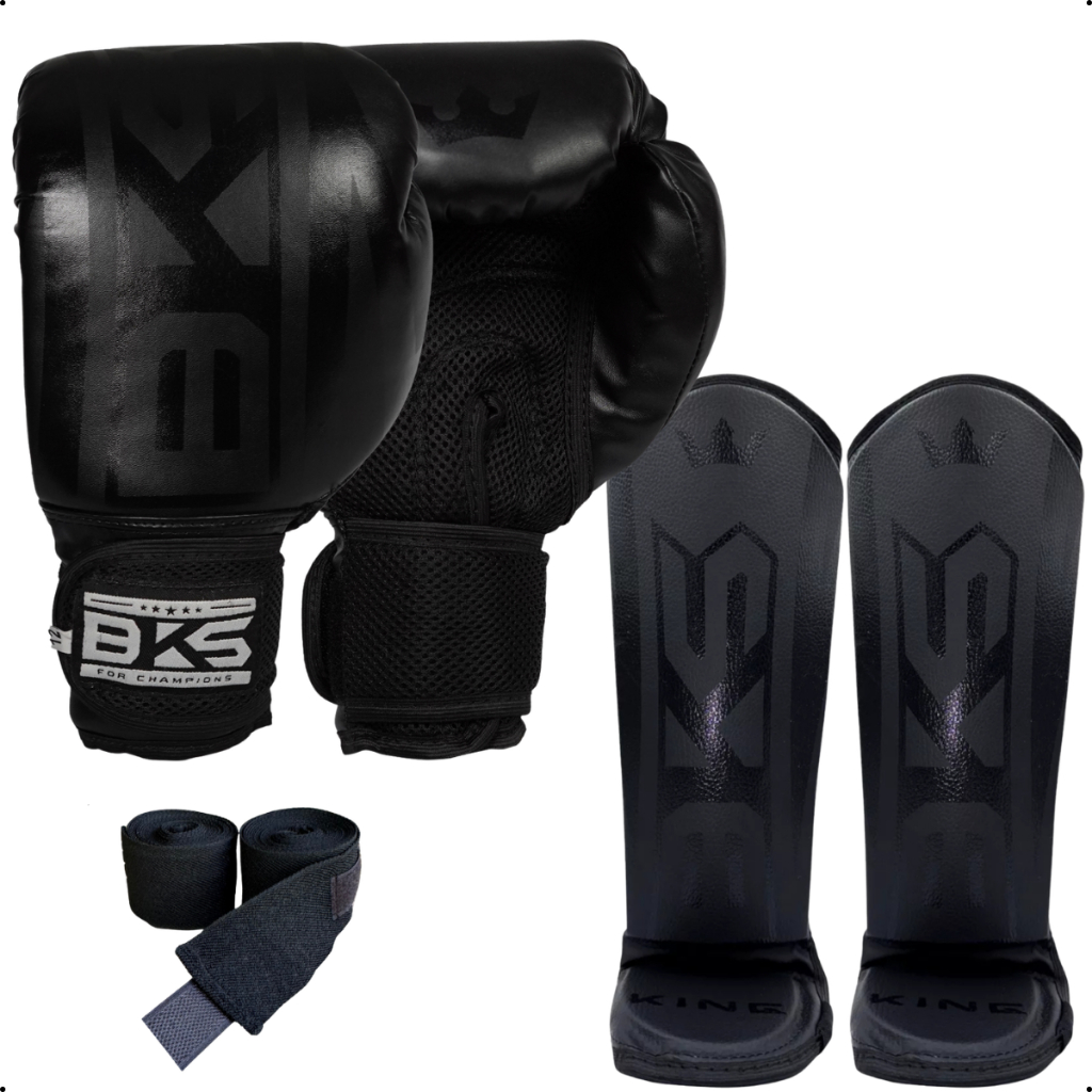 Kit Luva De Boxe BKS Kickboxing Muay Thai + Caneleira + Bandagem Elástica 3 metros