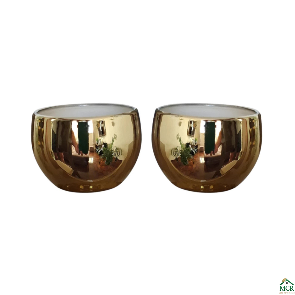 KIT 2 Vasinhos Decorativos de Plástico Dourado Redondo para Flores, Plantas e Suculentas