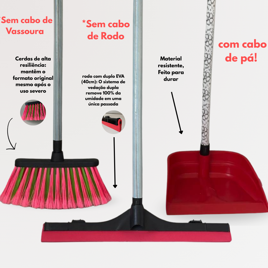 Kit Vassoura Rodo e Pá de Lixo Vermelho Com Cabo 60cm - Limpeza Prática Eficiente Completa em Oferta na Shopee
