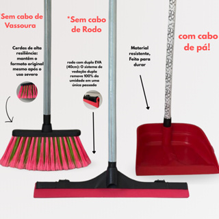 Kit Vassoura Rodo e Pá de Lixo Vermelho Com Cabo 60cm - Limpeza Prática Eficiente Completa em Oferta na Shopee
