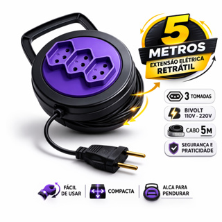 Extensão Elétrica Retrátil 5 Metros 3 Tomadas 10A Tripolar Bivolt 110/220V em Oferta na Shopee