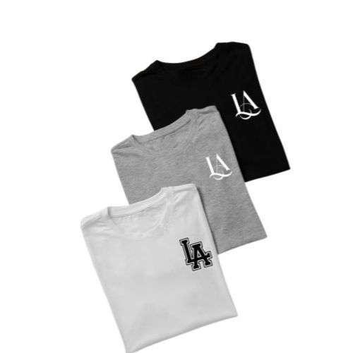 Kit 3 Camisetas Conjunto Infantil Cores Preto Cinza e Branco Todas Estampadas Estampa LA Material 100% Algodão 2 ao 14