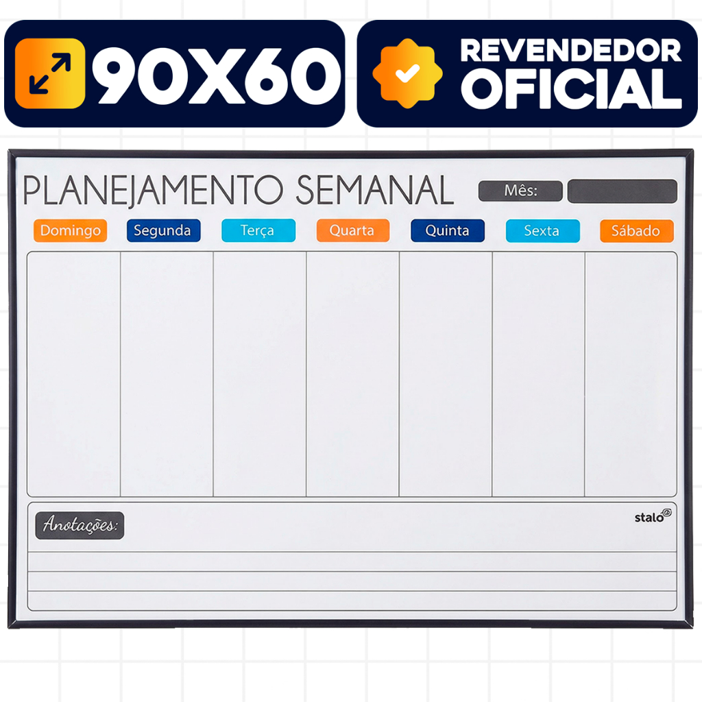 Lousa Quadro Branco Planejador Semanal Agenda Anotações 90x60 Preto Organizador Rotina Mês Stalo