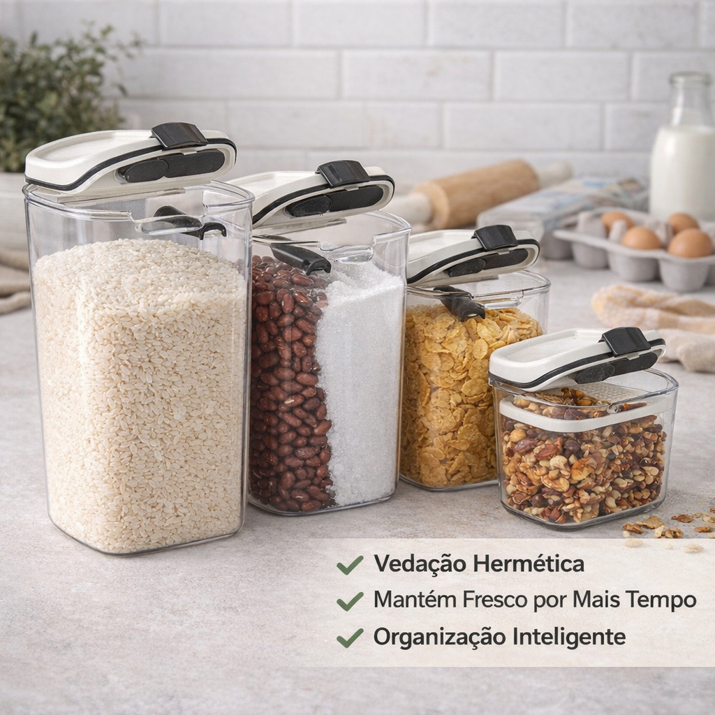 Kit 4 Potes Herméticos de Plástico Mini Dispenser, Açucareiro e Porta Grãos