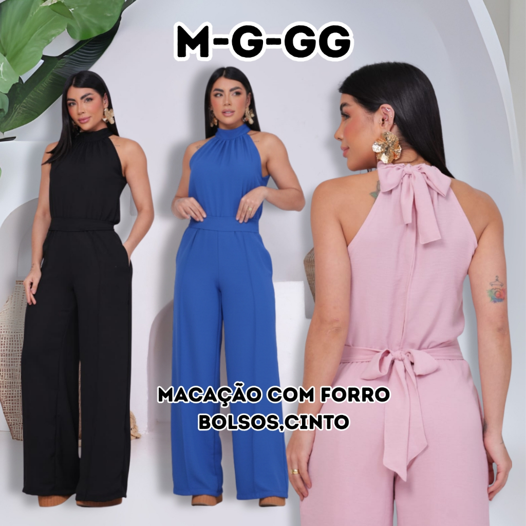 Macacão longo pantalona feminino sem mangas com decote nas costas Social Casual FORRO E BOLSOS