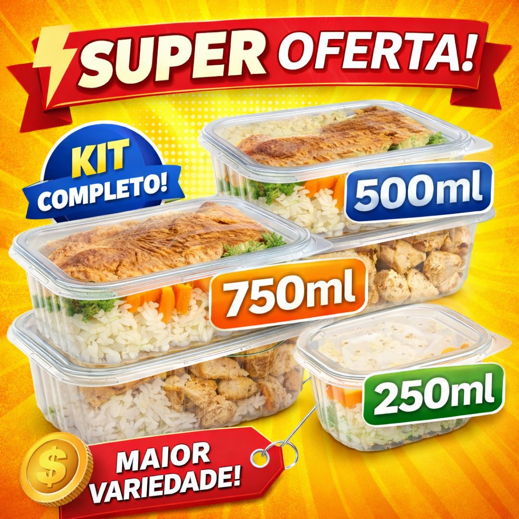 Imagem 24 Marmitas Descartáveis 250 ML/500ml/750ml - Pote Retangular Fitness Freezer Micro-ondas Refeição