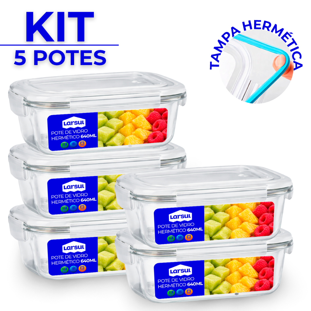 Conjunto 5 Potes Vidro Hermético Mantimentos Marmita 640ml