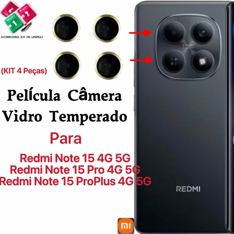 Kit 4 peças Película Câmera Para Redmi Note 15 / Note 15 Pro / Note 15 Pro Plus Anel De Metal protetor lente Anti Risco