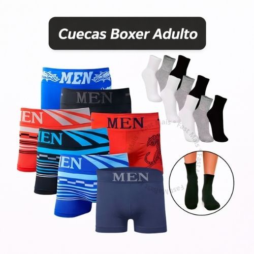 Kit 5 Cuecas Boxer Microfibra Adulto + 6 Pares Meias