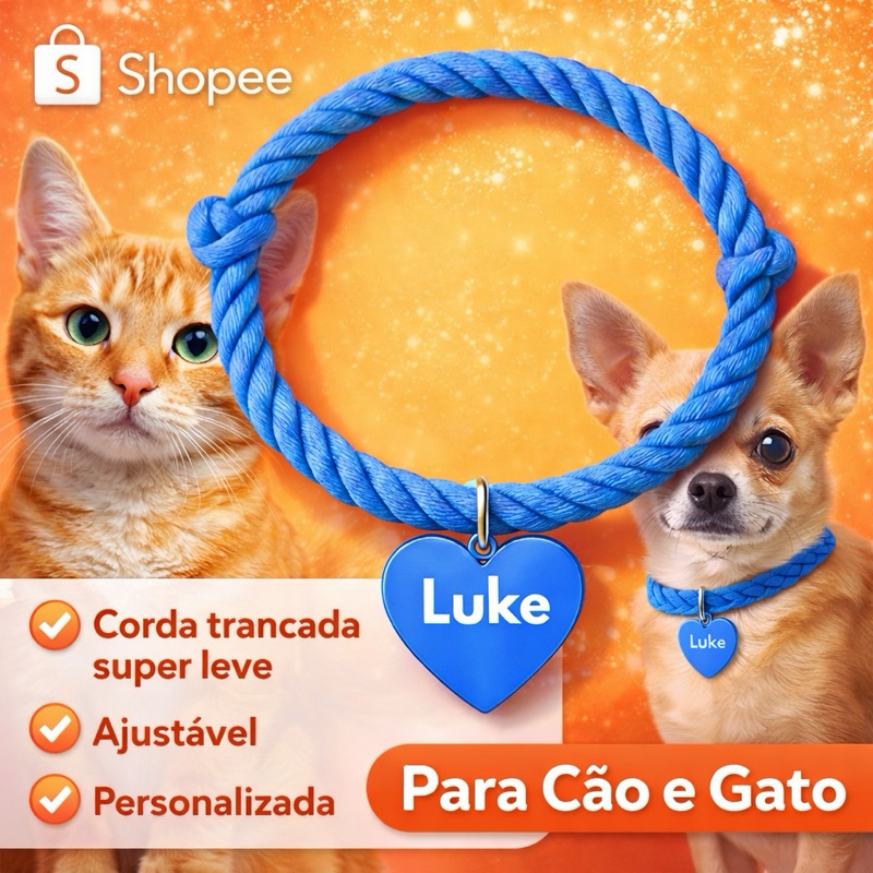 Coleira Personalizada para Cachorro e Gato com Nome e Telefone Ajustável Corda Leve Identificação Pet